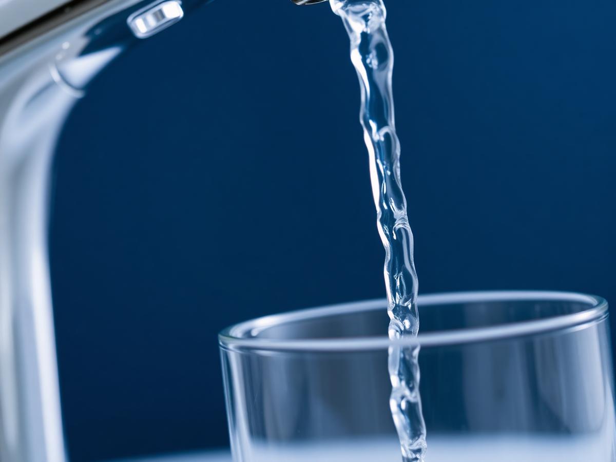 Helder zacht water stroomt uit een kraan in een glas